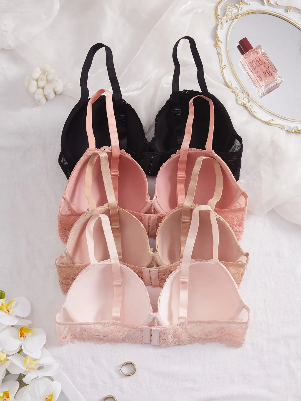 4PCS Plus Size Women's Bras Floral Lace Underwire Underwear Set Side Support Push Up Daily Comfort Full Cup Lingerie Set