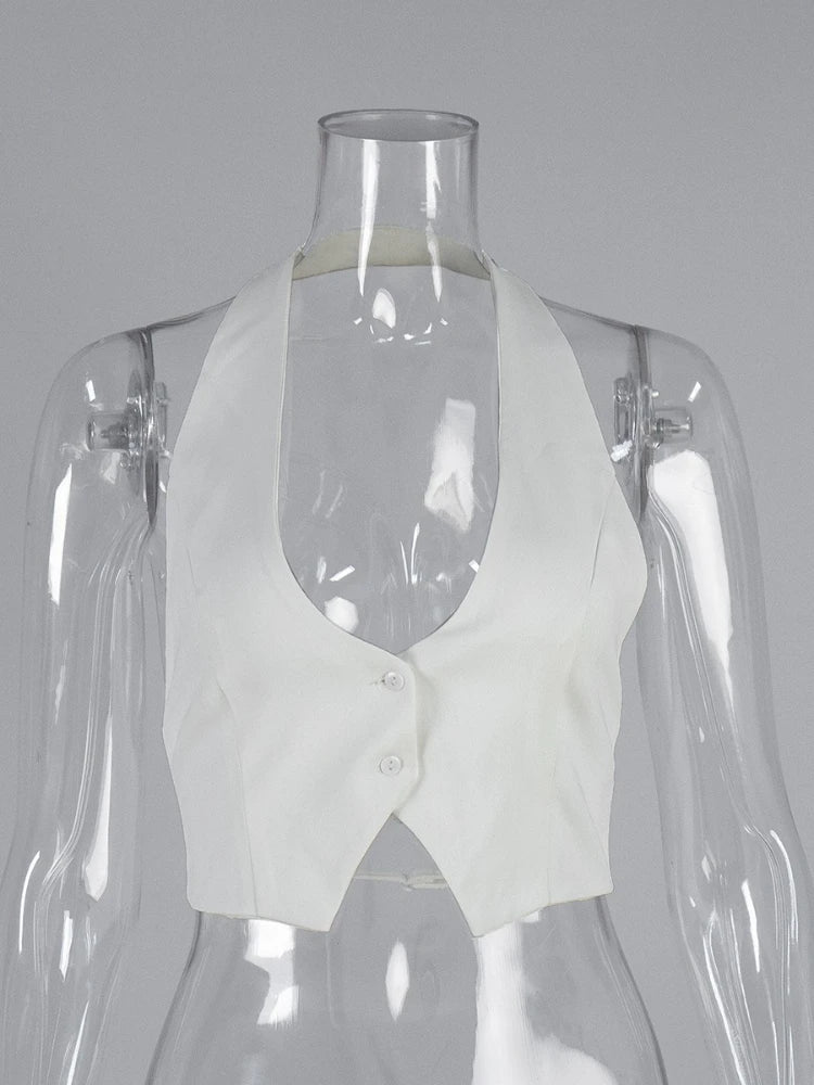 Elegant Halter Neck Backless White Tank Tops Women 2026 Summer Sexy Off Shoulder Buttons Crop Top High Street Lady Solid Vests