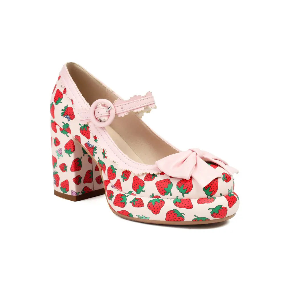 Big Size 43 High Quality Women's y2k Block High Heels Sweet Strawberry Print Mary Jane Pumps Black Pink Platform Lolita Shoes