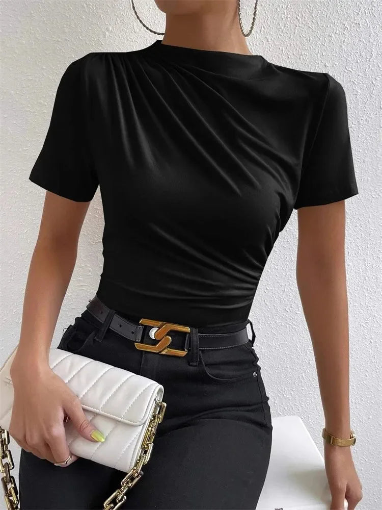Women Short Sleeve Pleated T-shirt Summer Casual Slim Fit Mock Neck Ruched Tee Top Streetwear