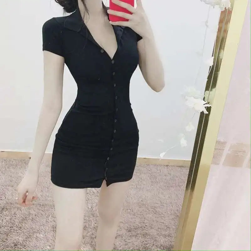 South Korea 2023 New Spring/Summer Dress Small Sexy Slim Fit Temperament Tight Short Sleeve Slim Wrap Hip Short Dress IDEI