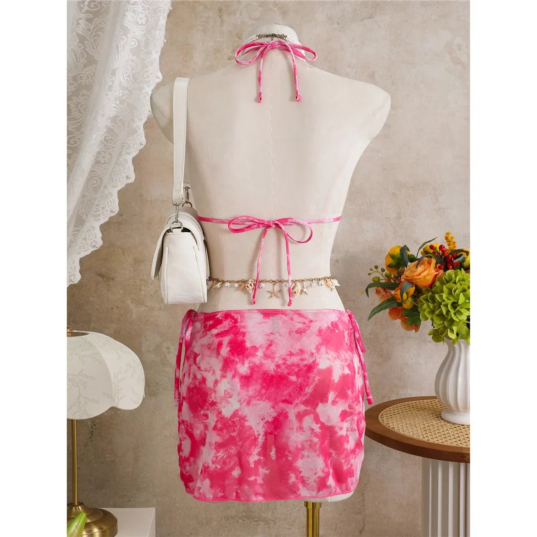 3PCS New With Skirt Tie Dye Halter Bikini Women Swimwear Female Swimsuit Bather Bathing Suit Swim Three-pieces Bikini set K8069