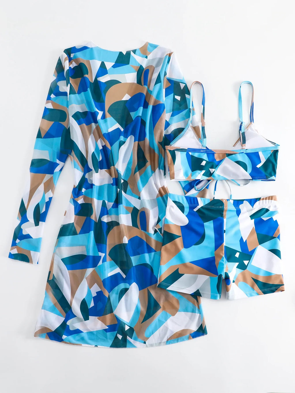 New Sexy 3 Pieces Suit for Women Neck Hanging Bikini Set+Cover-up Swimwear Sunproof Tankini High Waist Shorts Swimsuit Beachwear