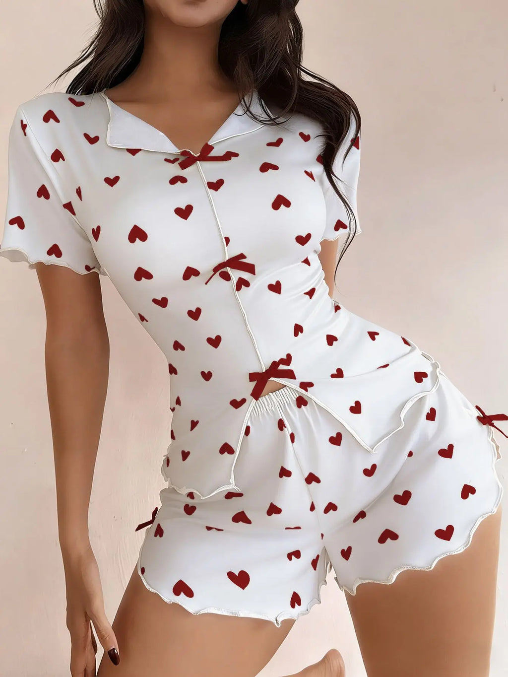Women's Sleepwear Pajama Set Top and Shorts 2-piece Pajama Set Love Printed Lapel Bow Women's Loungewear
