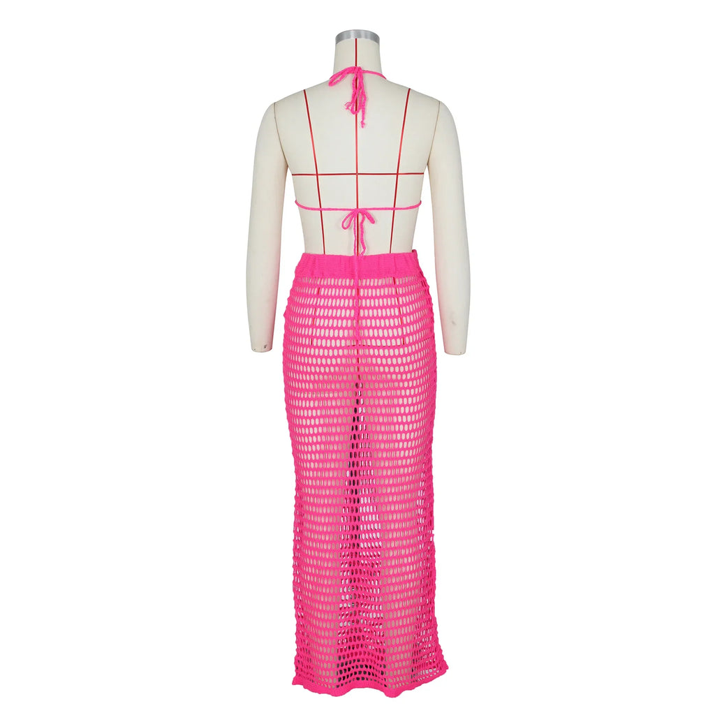 DEKA Beach Cover Up High Split Crochet Knitted Tunic Beach Dress Beach Wear Beachwear Women Long Knit Hollow Tassels Skirt Suit