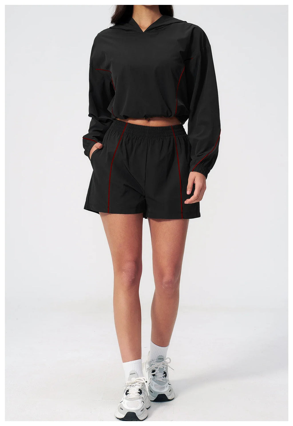 Summer Sun Protection Yoga Suit Women Contrasting Colors Long Sleeve Hoodies Top High Waist Shorts Running Fitness Athletic Wear