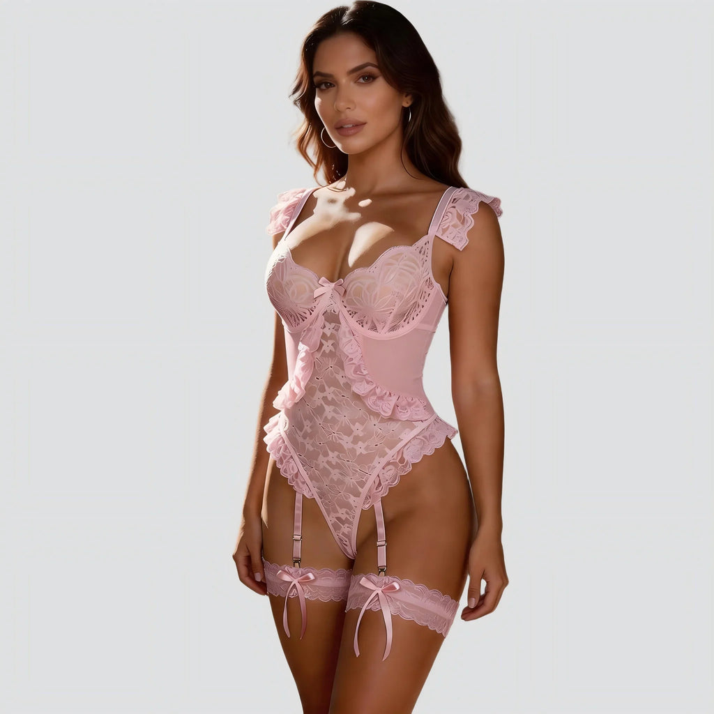 Plus Size Sheer Mesh Teddy Bodysuit for Women Sexy Lace Lingerie Set with Adjustable Garter Belt Curvy Nightwear Romantic Outfit