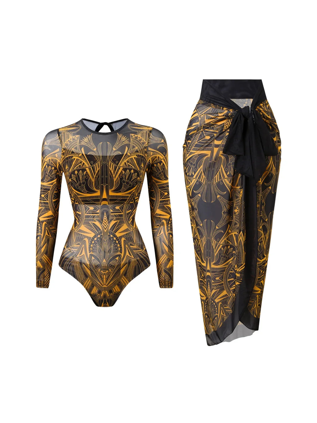 S - XXL Printed Long Sleeve With Sarong One Piece Swimsuit Women Swimwear Female Flowers Padded Bather Bathing Suit Swim K7181