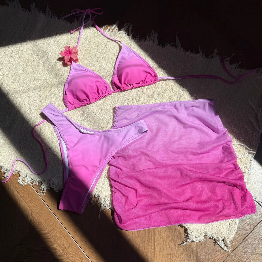 Women tie dye print bikinis sets 3pcs with mesh wrinkled perspective mini skirt swimsuit bathing suit beach outfits biquini