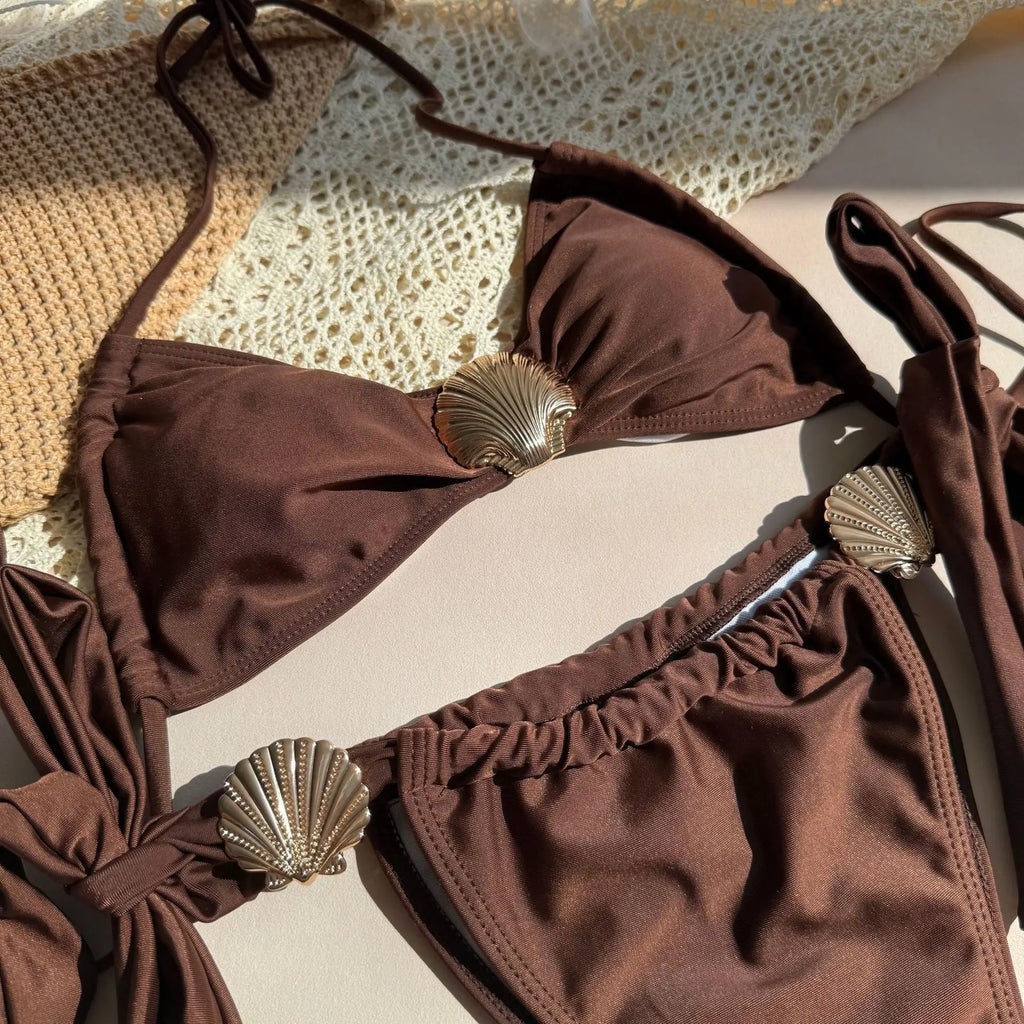Metal Shell Halter Strappy High Cut Bikini Female Swimsuit Women Swimwear Two-pieces Bikini Set Bather Bathing Suit Swim Lady
