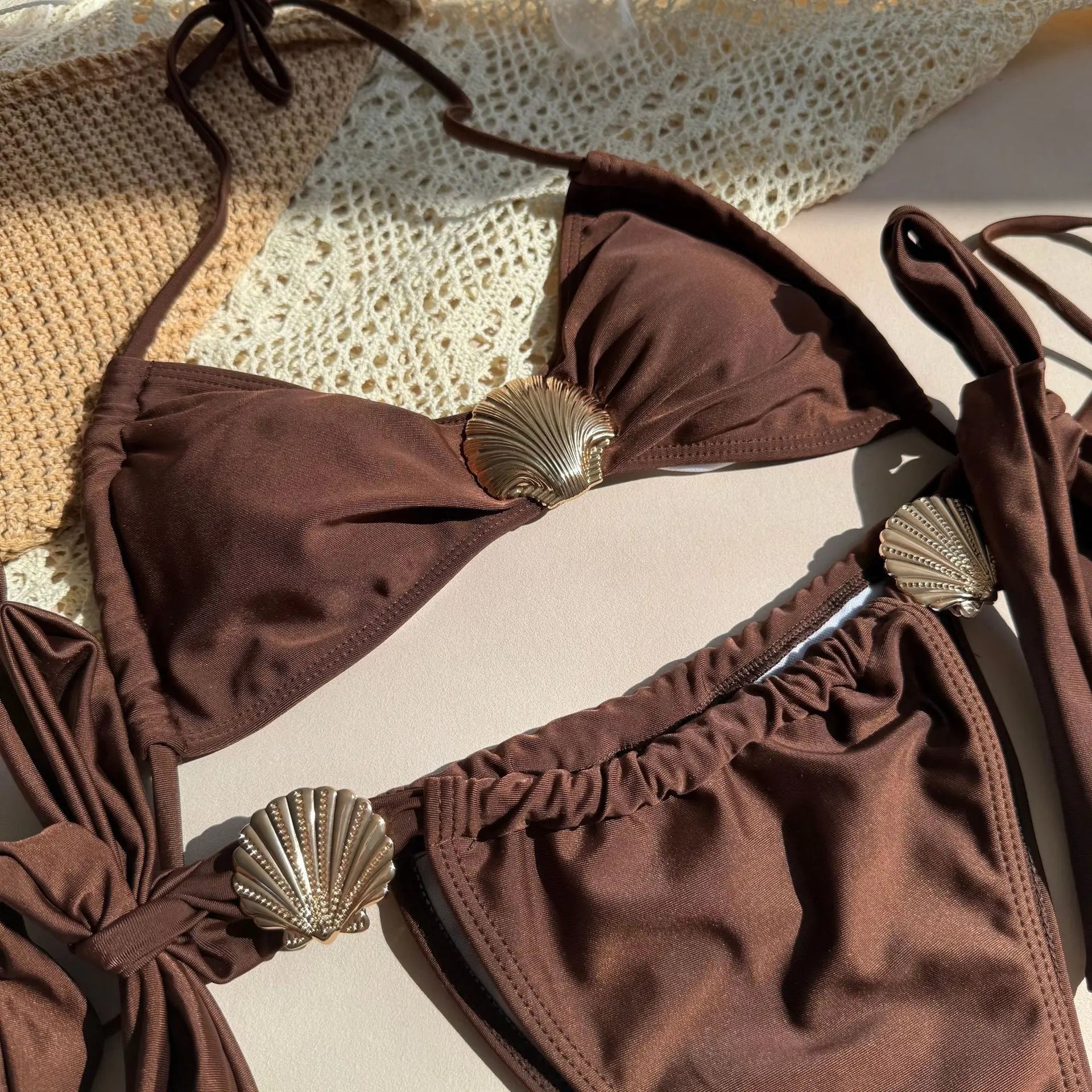 Metal Shell Halter Strappy High Cut Bikini Female Swimsuit Women Swimwear Two-pieces Bikini Set Bather Bathing Suit Swim Lady