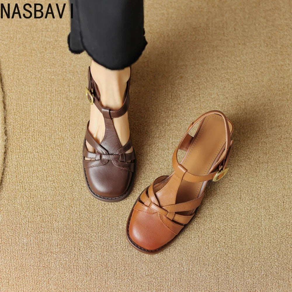 Women's Roman Gladiator Sandals Summer New Khaki Brown Hollow Out T-Strap High Heels Korean Top Quality Mary Jances Sandals