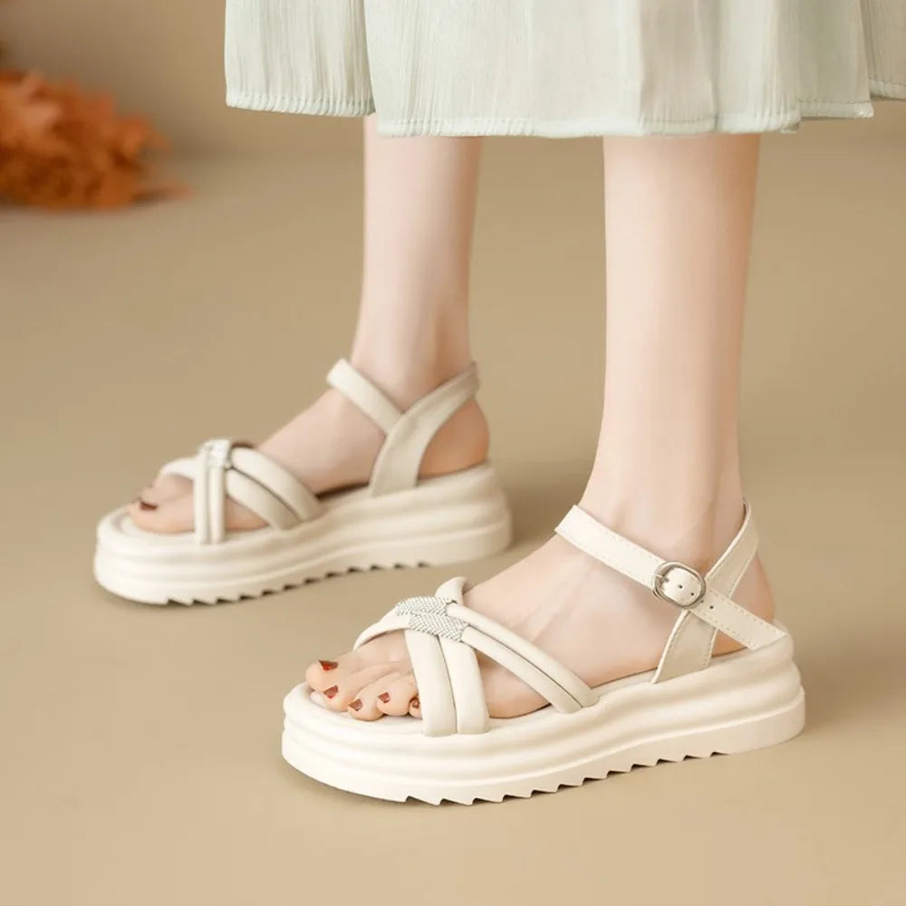 Fashionable/Elegant Rhinestone Fish Mouth Beach Sandals for Women Summer New Comfortable Platform Thick Bottom Gladiator Sandals