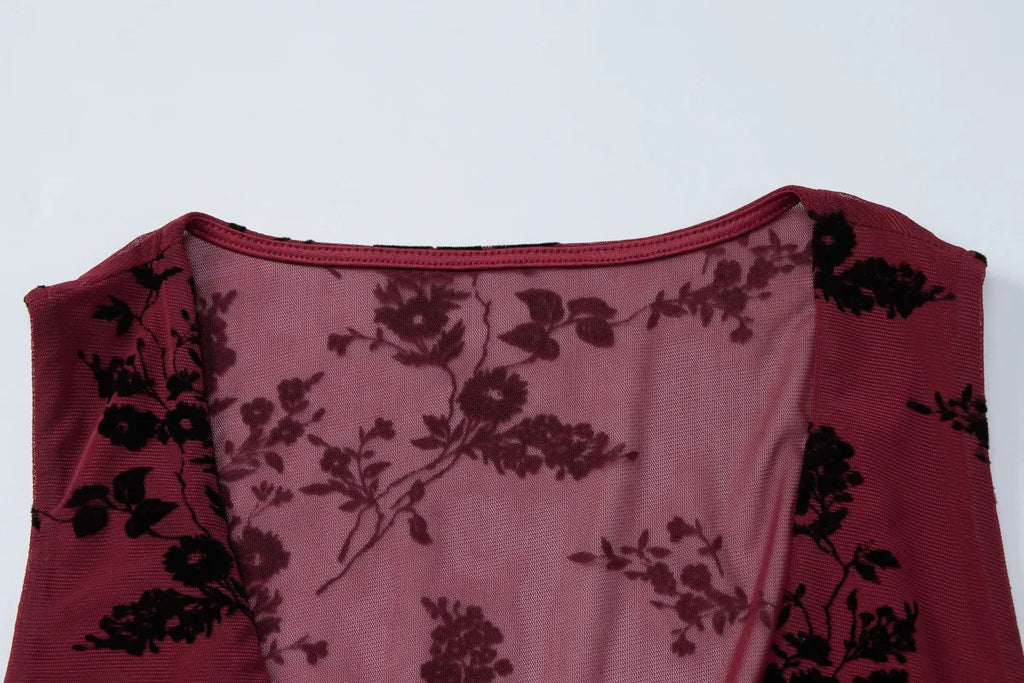 FDYOUI Sexy V-neck Floral Tank Tops for Women 2026 Summer Sleeveless T-shirt Ladies See-through Mesh Corset Top Black Wine Red