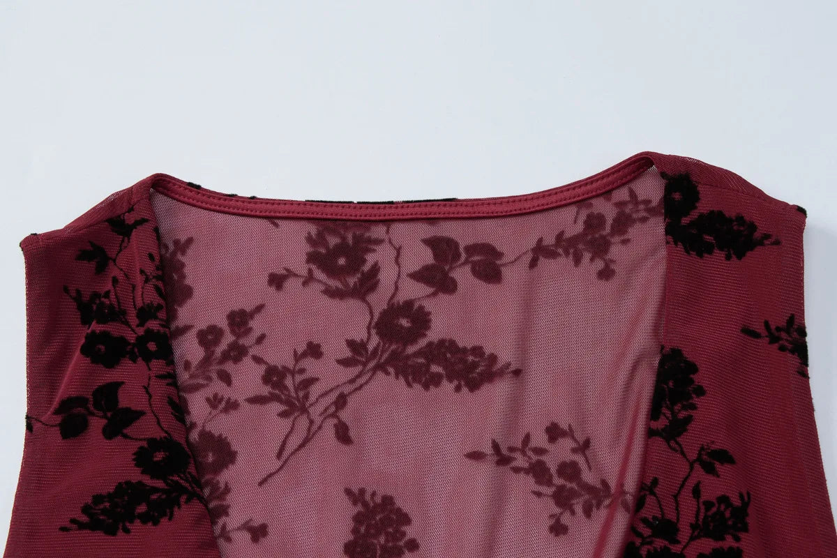 FDYOUI Sexy V-neck Floral Tank Tops for Women 2026 Summer Sleeveless T-shirt Ladies See-through Mesh Corset Top Black Wine Red