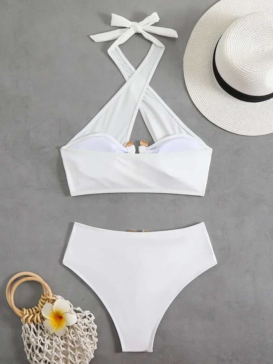 Halter Cut Out High Waist Bikini Female Swimsuit Women Bandeau Swimwear Two-pieces Bikini set Bather Bathing Suit Swim Beachwear
