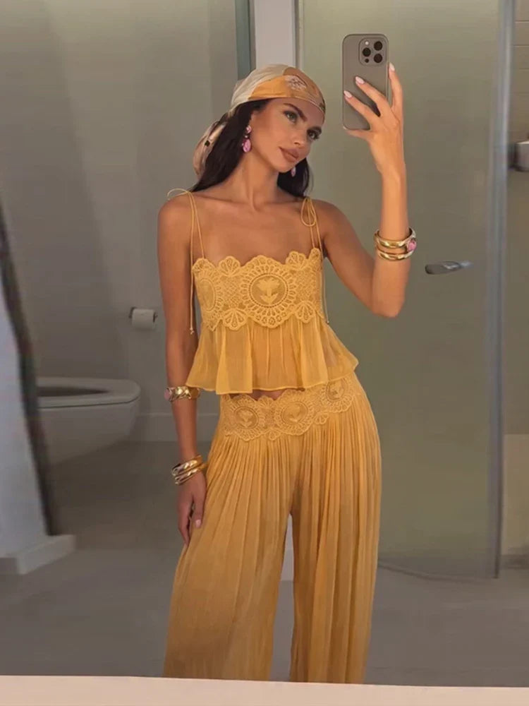 Women Pant Set Sheer Layers Spaghetti Strap Backless Lace Top Straps Solid Loose Straight Elastic Hem Fashion Beach Chic Suits