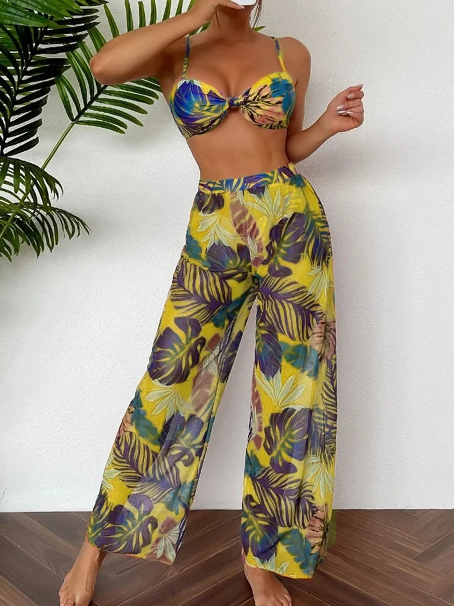 3 Pieces Strappy Bikini 2026 Women Printed Swimsuit Sexy Swimwear Female With Beach Pants Bathers Bathing Swimming Swim Suit