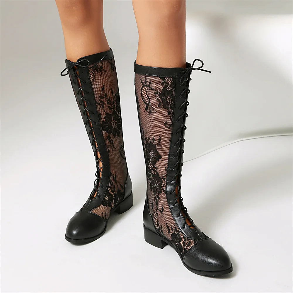 2026 Plus Size 48 Black Flower Mesh Lace Knee High Boots Women Breathable Square Heels Red White Summer Boots Shoes Zipper