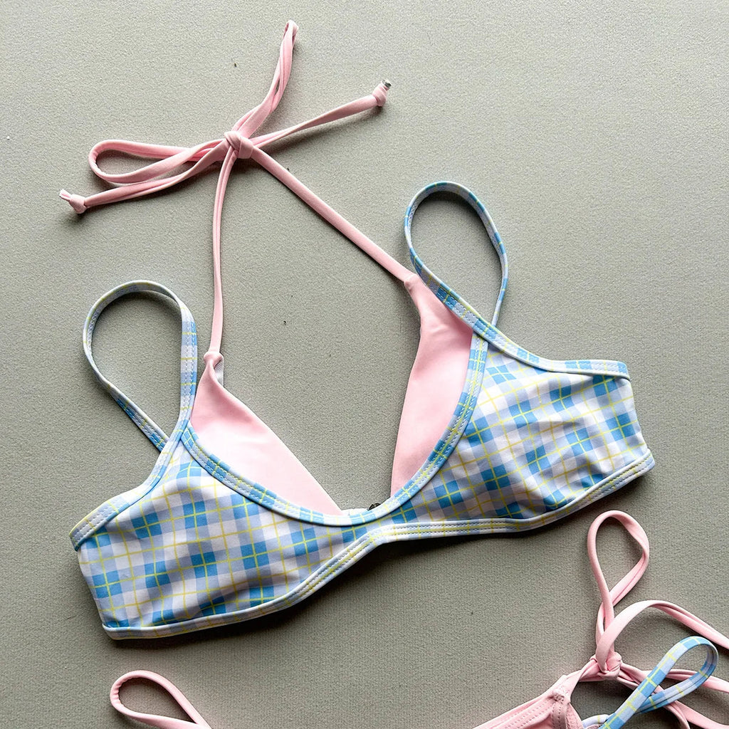 2026 New Summer Women's 2 Pieces Suit Swimwear Sexy Strappy Halter Lace-up Swimsuit Backless Low Waist Push Up Bikini Beachwear
