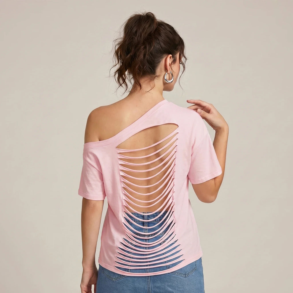 Women's Ripped Backless T-shirt Off Shoulder Short Sleeve Loose Fit Tee Tops Solid Color Shirts for Party Club Gothic Summer