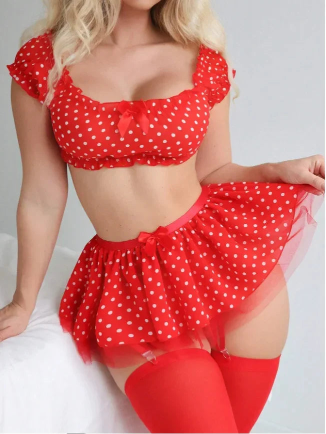 Women's Polka Dot Shoulder Revealing Puffy Skirt Set Sexy Lace Top Skirt Thongs Underwear Suits Mesh Perspective Exotic Sets