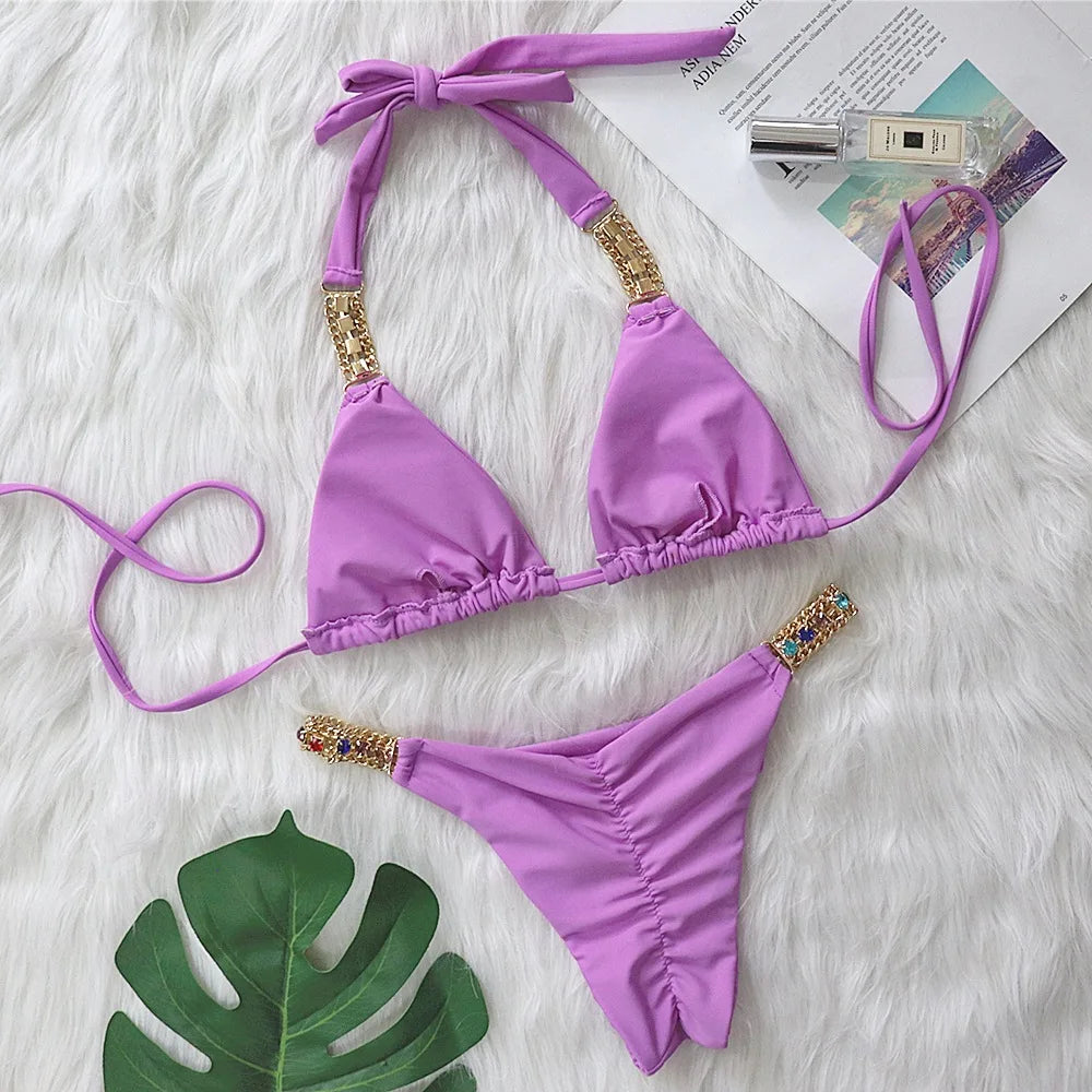 Bikini 2026 Sexy Solid Swimwear Swimsuit Women Rhinestone Metal Chain Bikinis Set Bathing Suit Beach Female Halter Bikinis Mujer