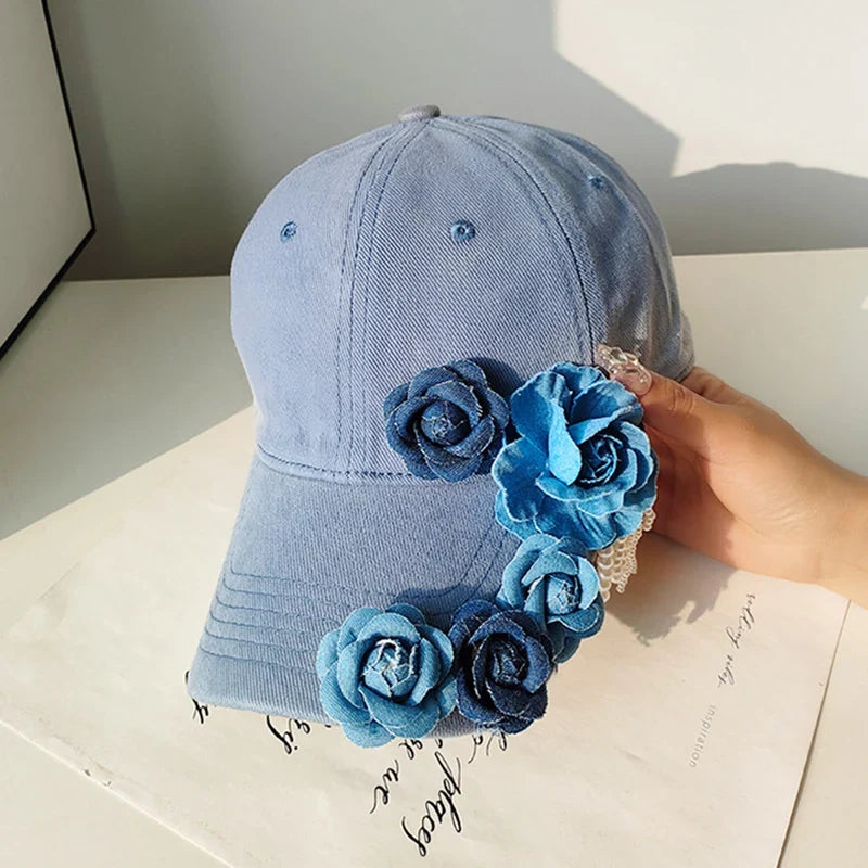 Women 3D Flower Sun Hat Breathable Sun Protection Denim Baseball Hat Holiday Outdoor Travel Cap