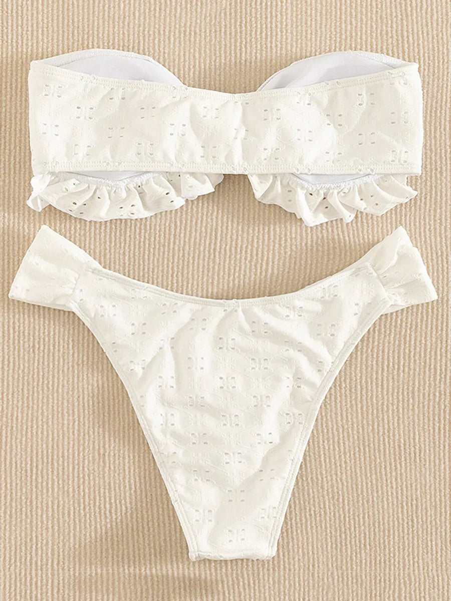 Ruffled Frill Knotted Bandeau Bikini Women Swimwear Female Swimsuit Two-pieces Bikini Set Strapless Bathing Suit Swim Beach Wear