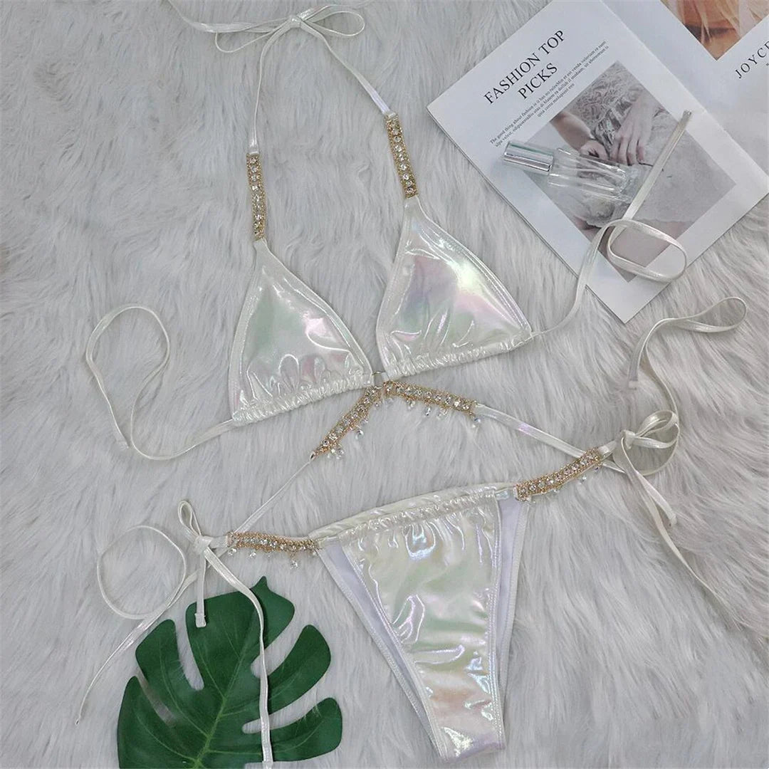 Diamond Rhinestones PU Faux Leather Bikini Female Swimsuit Women Swimwear Two-pieces Bikini Set Bather Bathing Suit Swim V5131