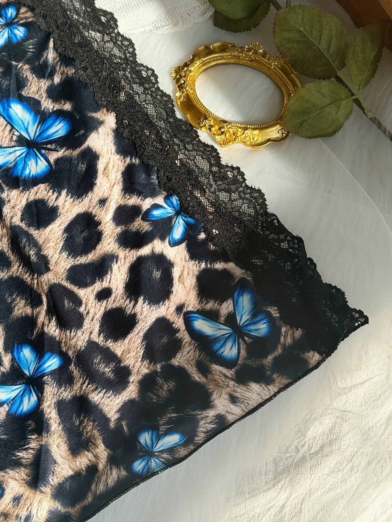 Women Leopard Print Lace Nightgown V Neck Cami Sleepwear Adjustable Spaghetti Strap Side Slit Lounge Dress