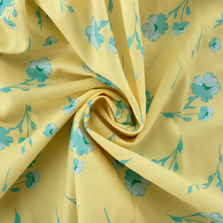 FDYOUI 2026 Summer V-neck Short Sleeve Floral Print Yellow Party Dress Women Single Breasted Lace-up Slim Long Vacation Dresses