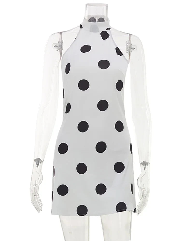 Ahagaga Sexy Slim Mini Dresses Women Polka Dot Print Halter Neck Sleeveless Backless A-Line Casual Vacation Zipper Vestidos