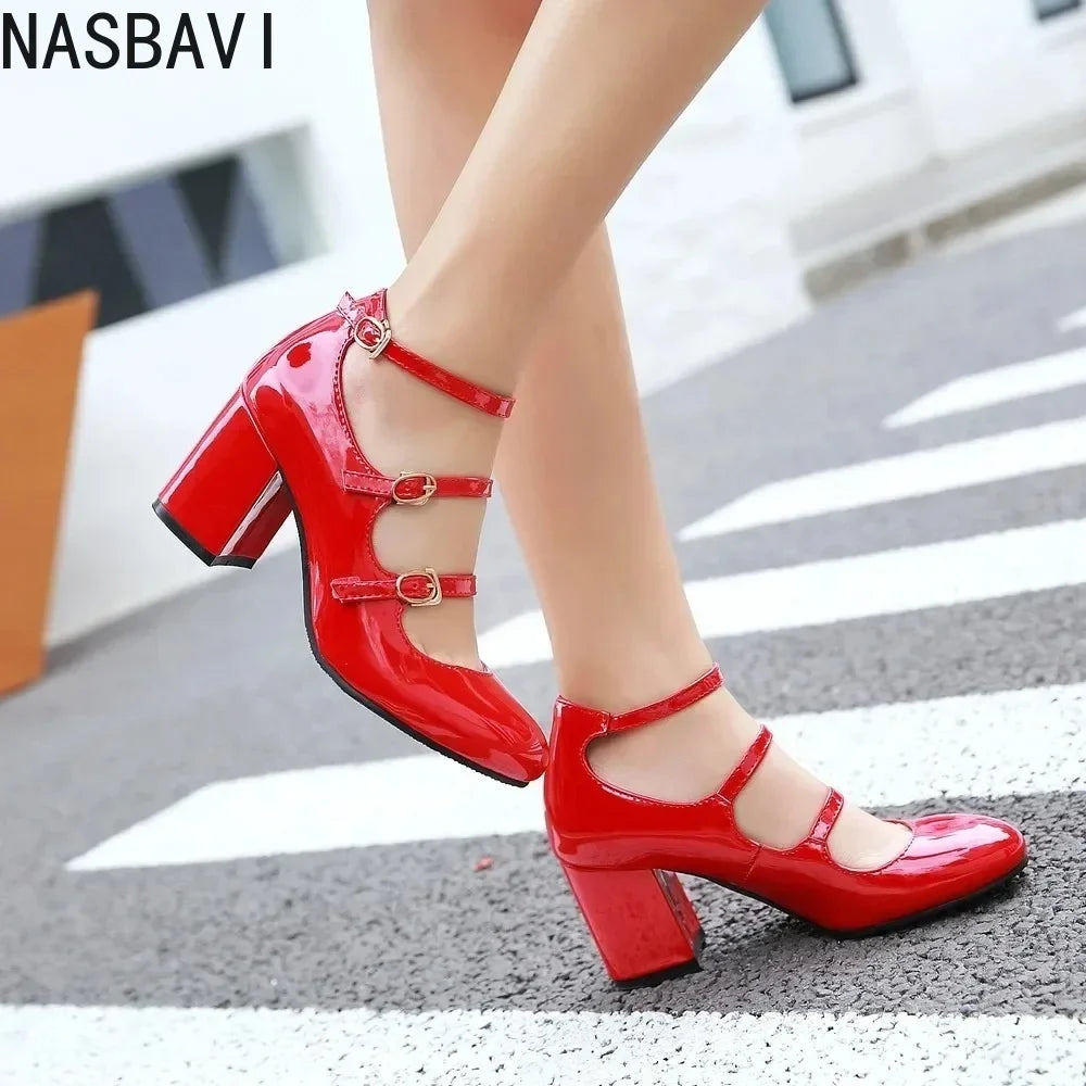 NASBAVI Spring Women Pumps Thick Block High Heel Patent Leather Round Toe Autumn Office Dress Party Bridal Red Lady Shoes 34-43