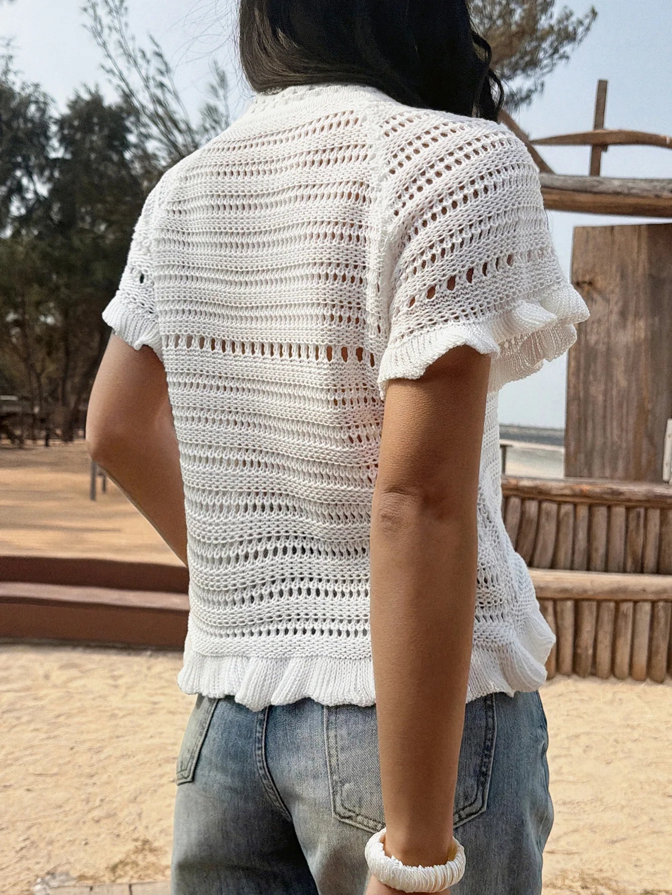 FDYOUI Casual O-neck Short Sleeve Knitted T-shirts Women Summer Sexy Hollow Out Ruched White Tops Female Beach Holiday Tee Shirt