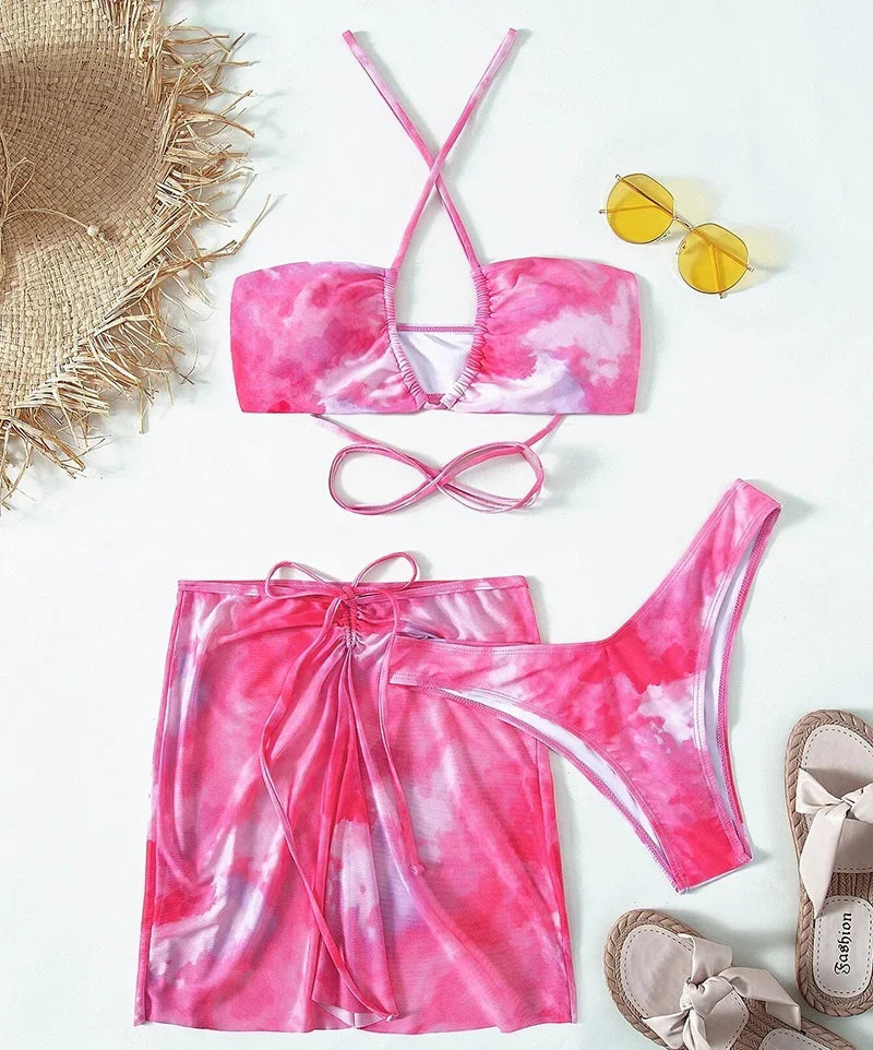 Wrap Around with Mesh Sarong Skirt Bikini Female Swimsuit Women Swimwear Three-pieces Bikini Set Beachwear Bathing Suit Swim
