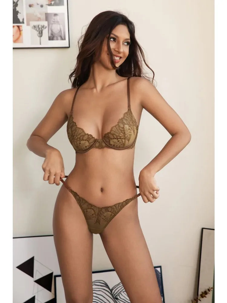 Toucheart Erotic Lingerie Panty 2PCS Thin Model See-through Lace Big Breasts Appear Smaller and Prevent Sagging Delicate Bra Set