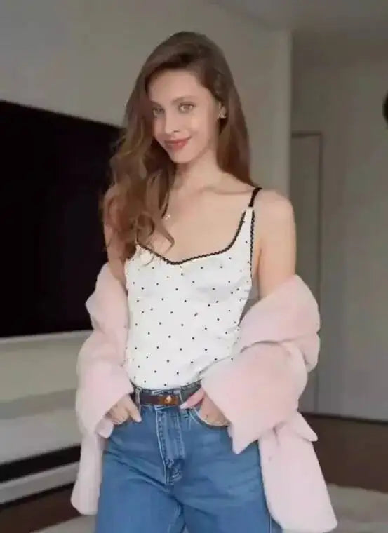 Fashion Sexy Polka Dot For Women And Stylish Off-Shoulder Top White Polka Dot Top With Lace Trim Square Neckline For Women 7RGH