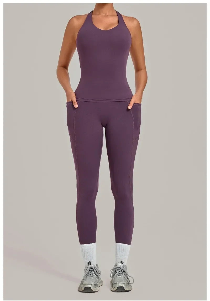 Women's Seamless Yoga Sets Sports Fitness Hip-lifting High Waist Pant Sleeveless Backless Suits Workout Running Leggings Sets