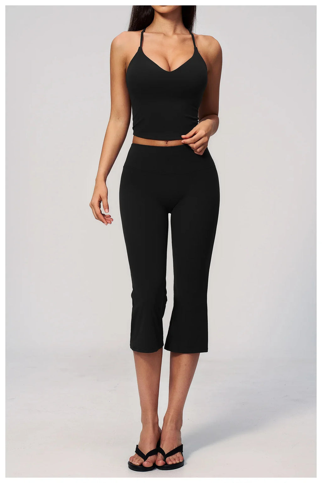 Summer New Yoga Clothing Women Solid V Neck Slim Sports Tank Top Athletic Wear High Waist Butt Lift Mid Pants Gym Fitness Suits