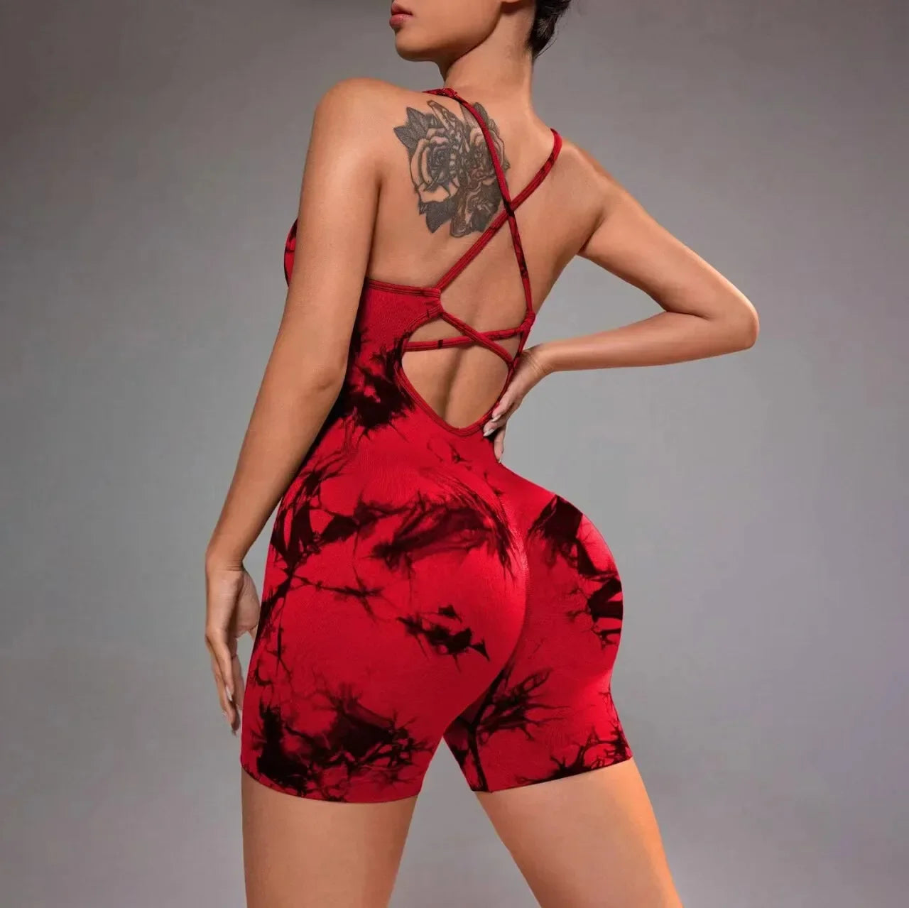 Cross Back Tie-Dye One Piece Yoga Shorts - Stylish Cropped Yoga Jumpsuit for Women