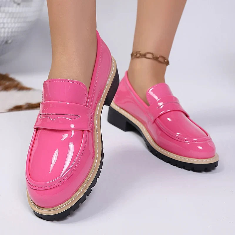 Patent Leather Thick Heels Loafers Women Spring New Mixed Color Med Heel Office Pumps Woman Plus Size 43 Slip On Single Shoes