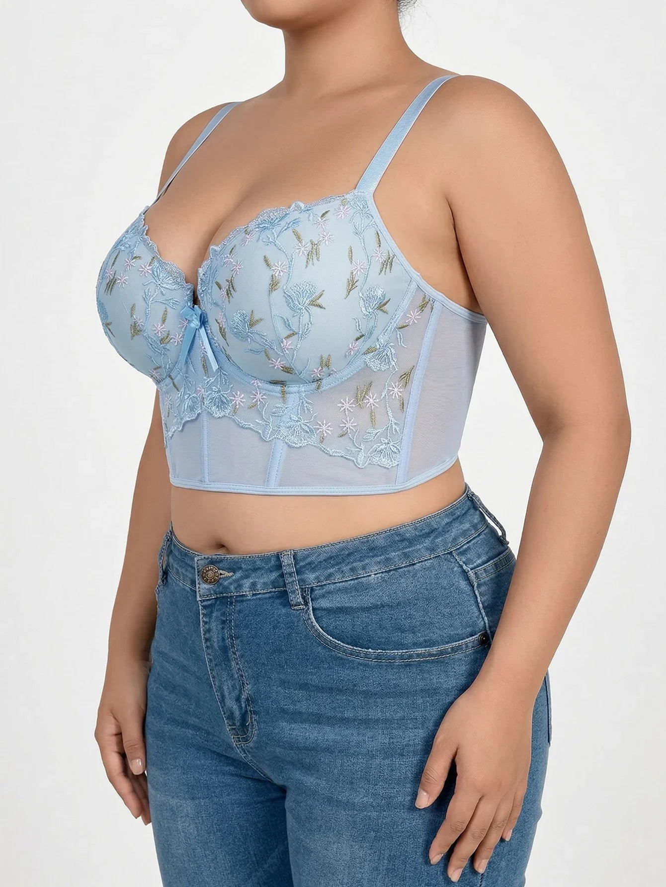 Plus Size Floral Embroidered Lace Bustier Bra – Push Up, Tummy Control & Non-Slip Corset Top