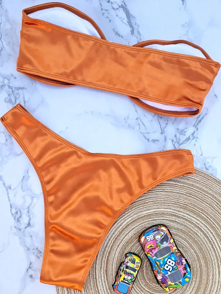 Bandeau Bikinis 2025 Strapless Satin Bikini Female Swimsuit Women Swimwear Two-pieces Bikini Set High Cut Bathing Suit Swim Lady