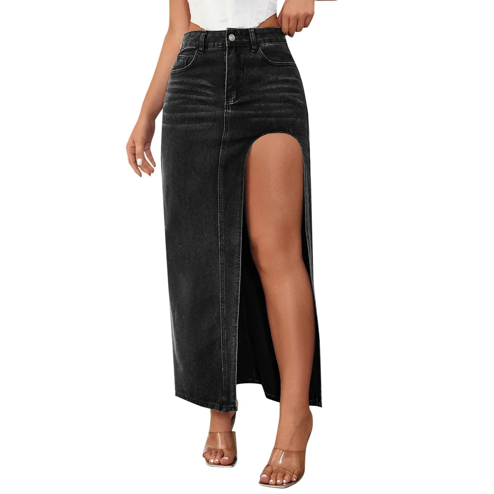 Women's Casual High Waisted Denim Skirt Side Split Casual Sexy Nigh Out Long Maxi Cargo Denim Skirt Summer New Y2k Streetwear