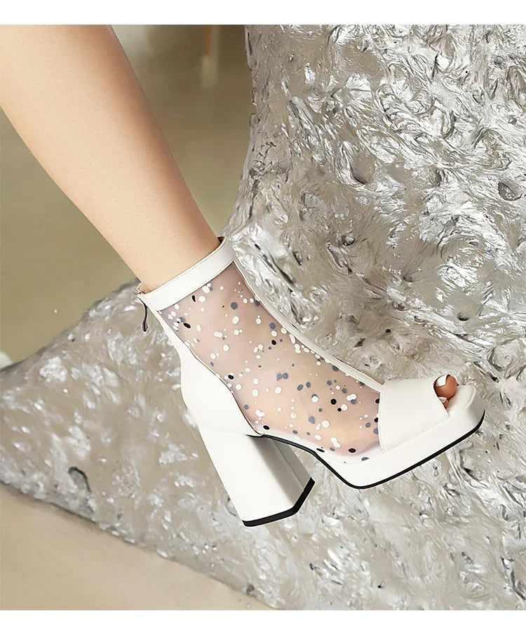 White Polka Dot Mesh Peep Toe Chunky Block Heel Platform Back Zipper Ankle Sandal Boots for Women