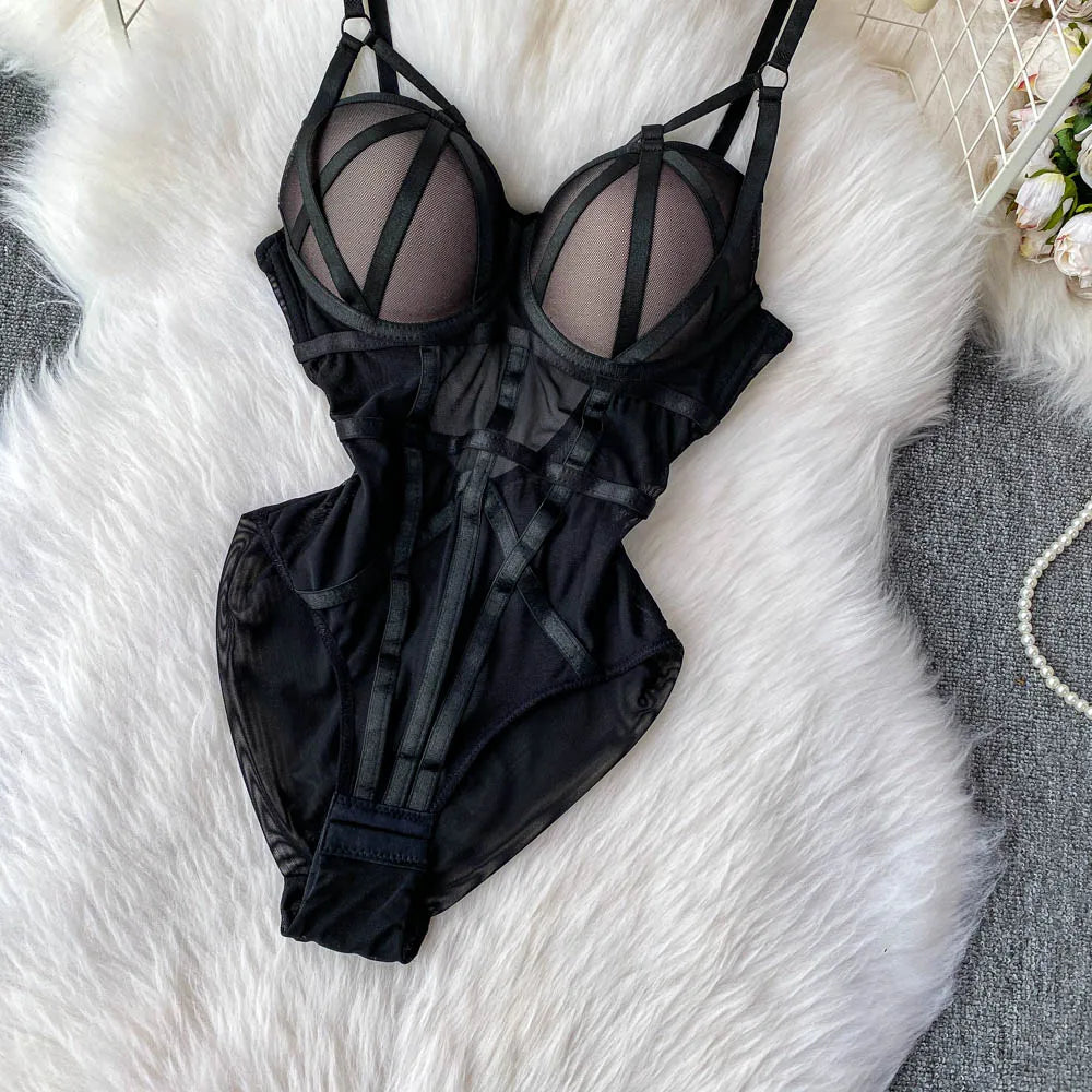 MOYISU Sexy Western Style Bodysuit for Women Sheer Net Halter Push Up Pads Summer Lingerie Figure Control See Through Hot Sale