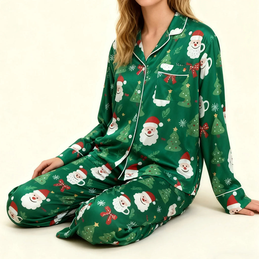 Women's 2025 Christmas Pajama Set Long Sleeve Lapel Santa Claus Christmas Tree Print Shirt Pants Two Pieces Sleepwear