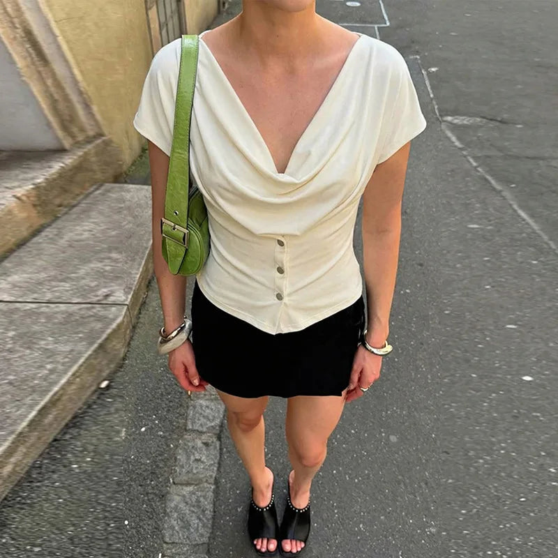 FDYOUI Fashion Casual Swinging Collar T-shirts Y2K Woman Clothes Short Sleeve Buttons Corset T Shirt Ladies Solid Crop Tops Tees
