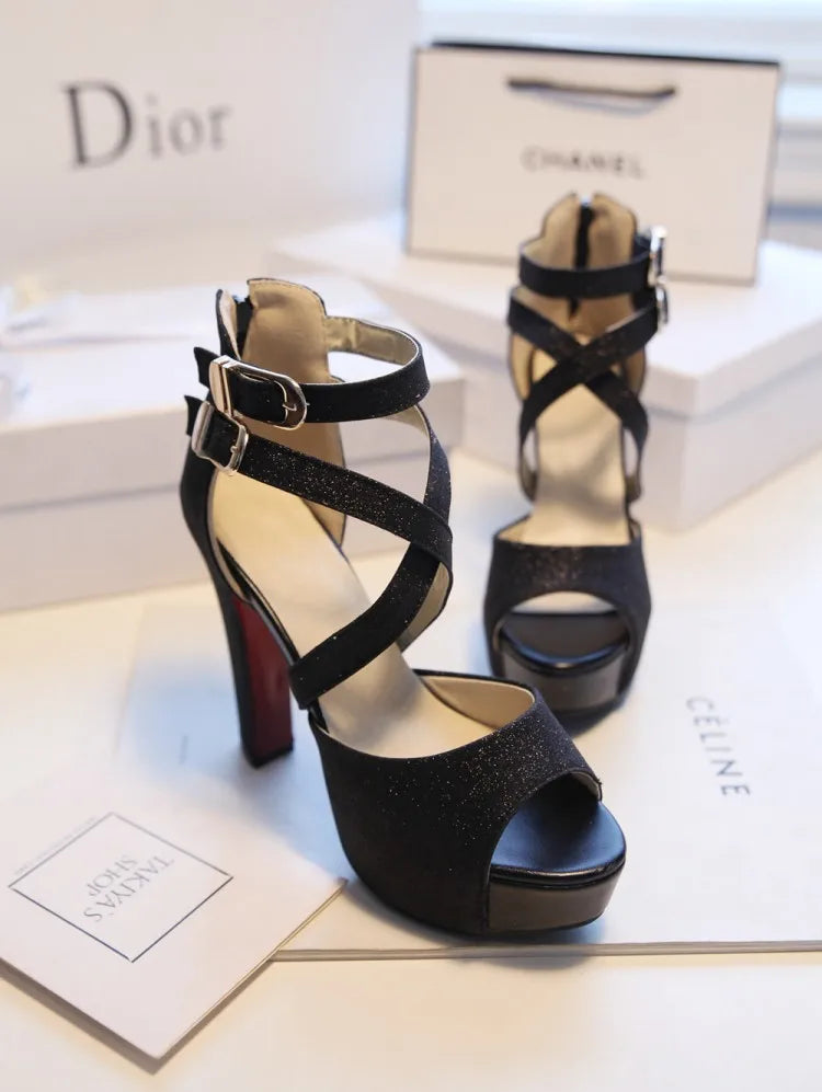 Women's Sandals Summer New Style Fashion Fish Mouth Open Toe Buckle Thick Heel High Heel Women's Shoes Plus Size 33-43 High 11cm